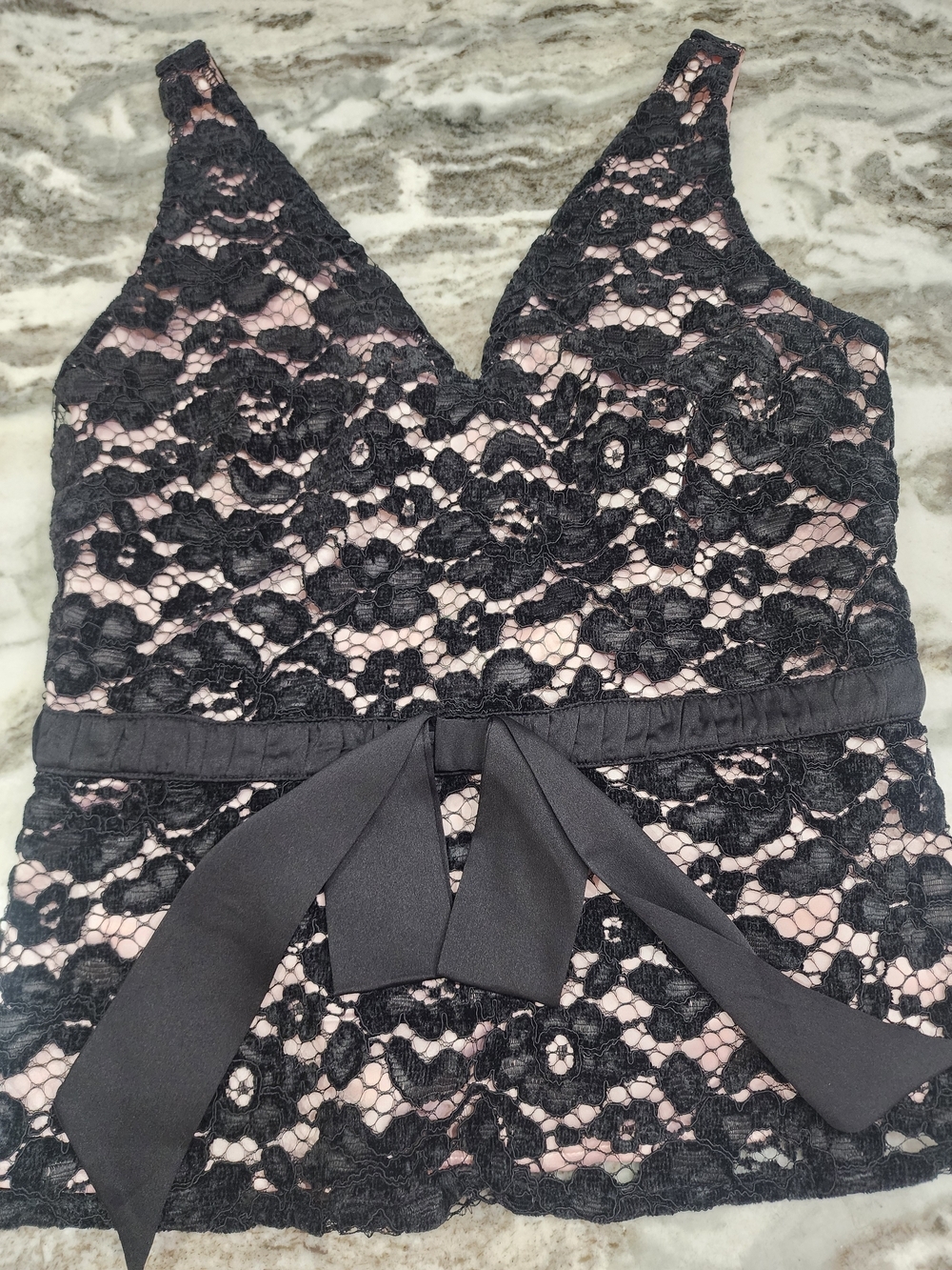 White House Black Market Black Lace Camisole with Blush Lining and Waist Tie
